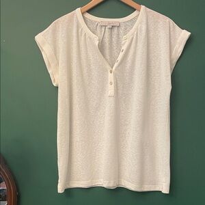 LOFT Womens S Ivory Short Sleeve Lightweight Henley Tee w/Gold Buttons